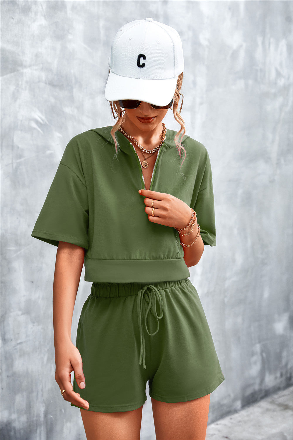 Half Zip Cropped Hooded T-Shirt and Shorts Set  Outfit Sets- Doll Fits