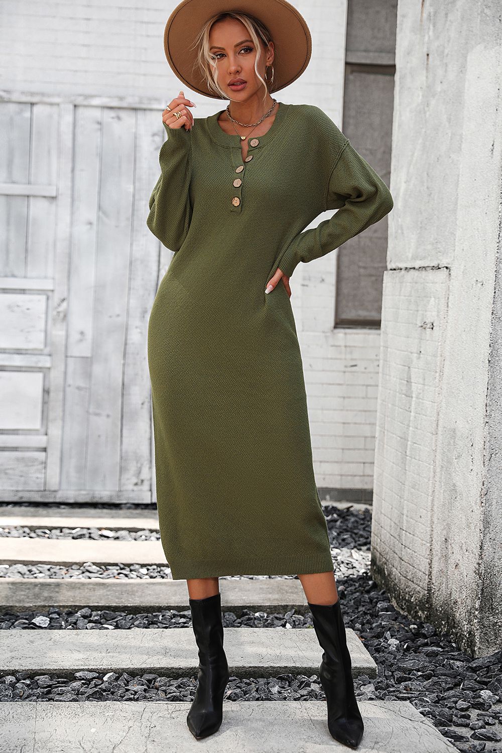 Notched Neck Dropped Shoulder Button-Down Midi Dress  Dresses- Doll Fits