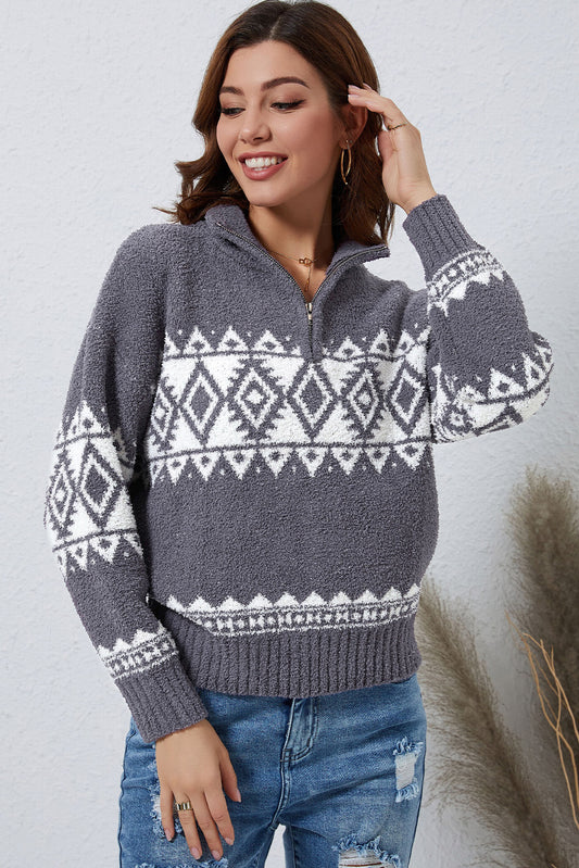 Zip-Up Geometrical Pattern Pullover Sweater  Shirts & Tops- Doll Fits