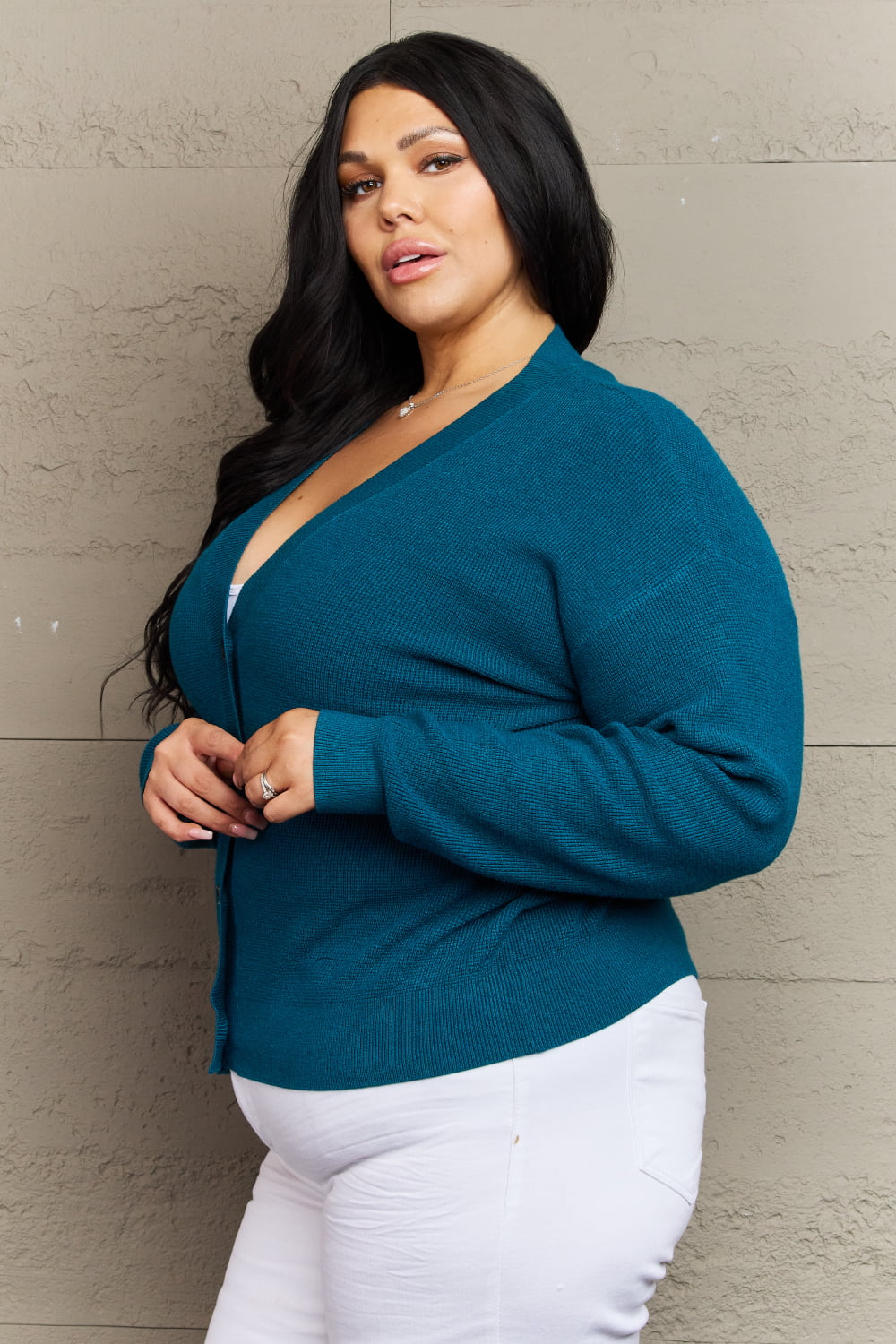 Zenana Kiss Me Tonight Full Size Button Down Cardigan in Teal  - Doll Fits