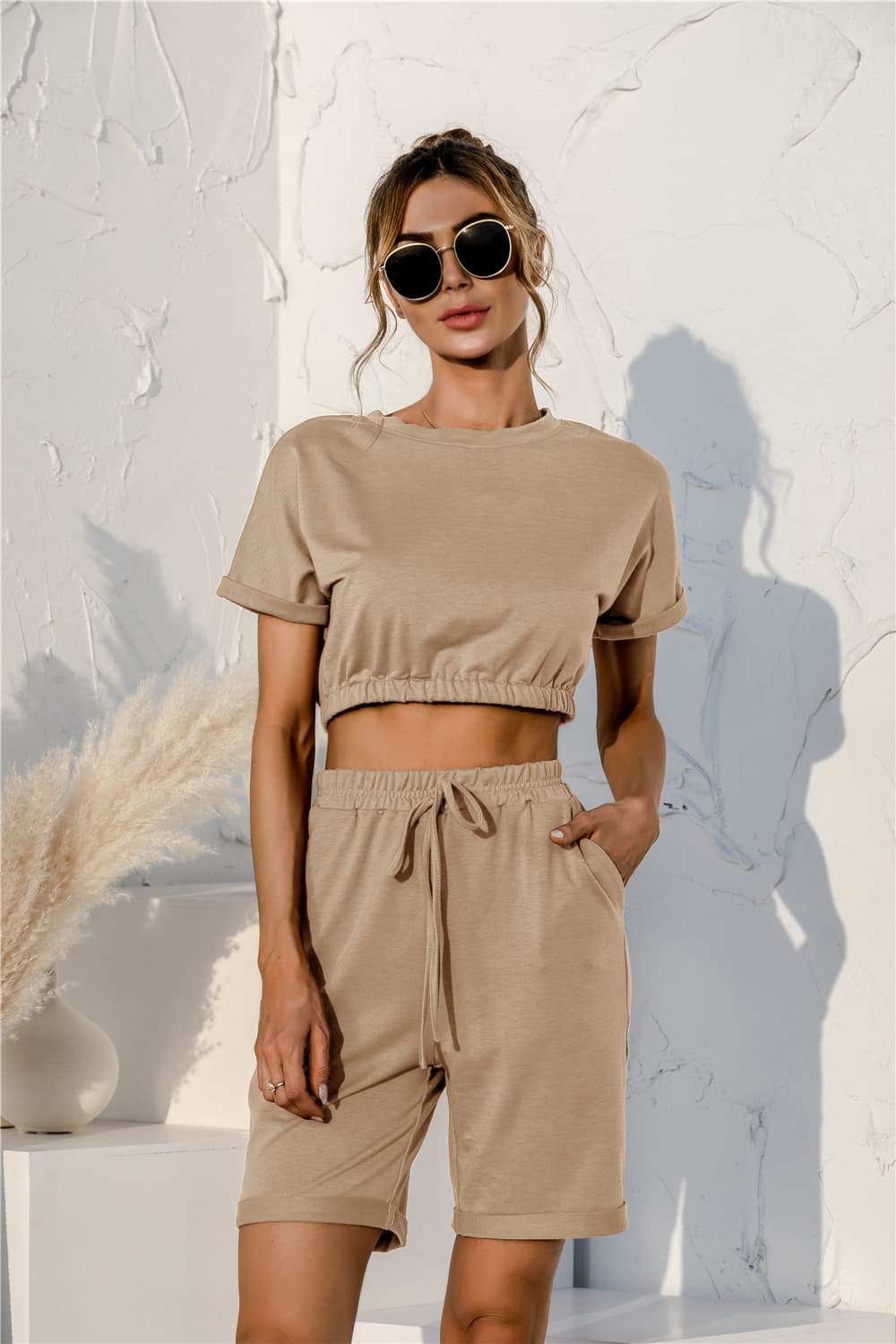Short Sleeve Cropped Top and Drawstring Shorts Lounge Set  Outfit Sets- Doll Fits