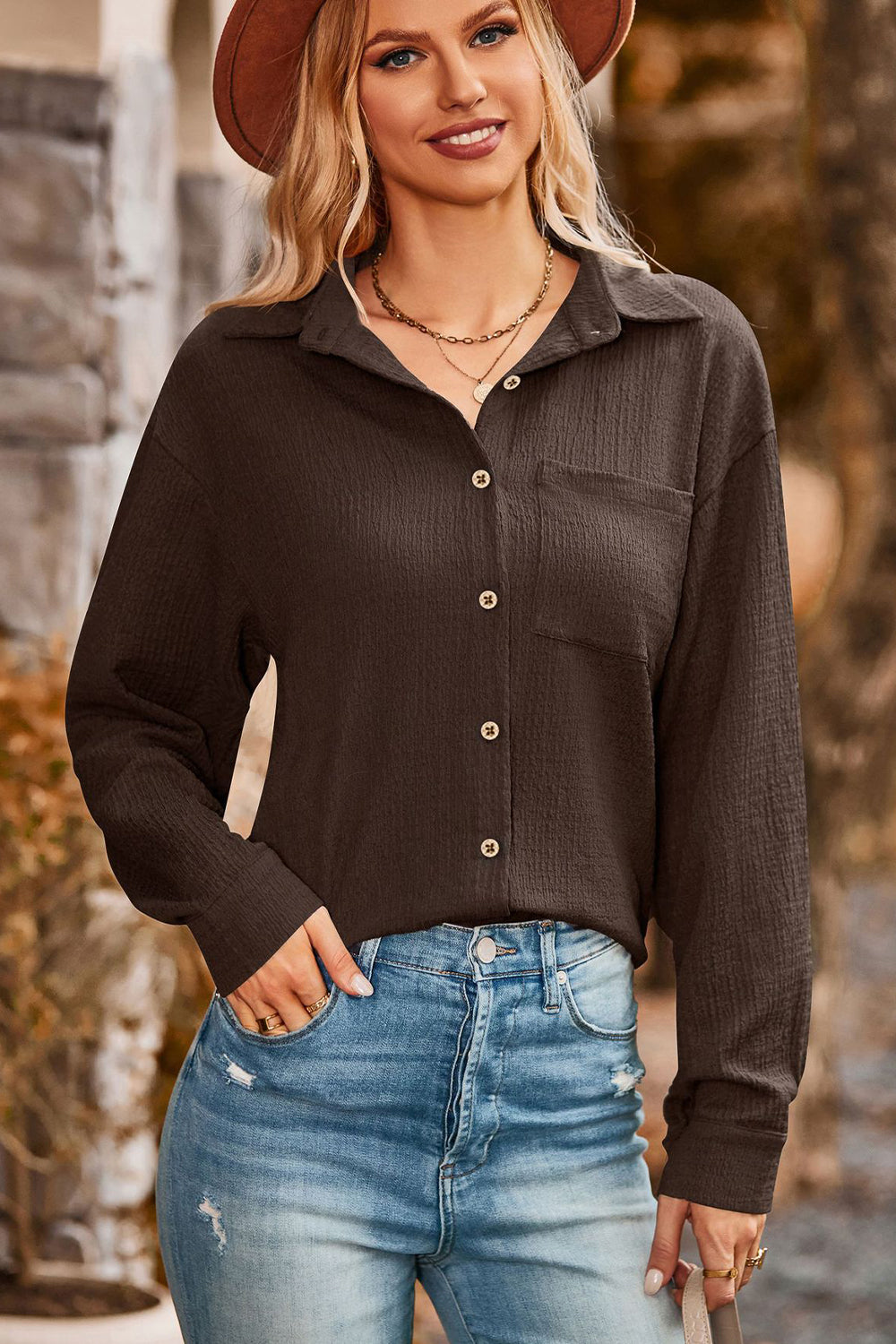 Twisted Collared Neck Long Sleeve Shirt  - Doll Fits