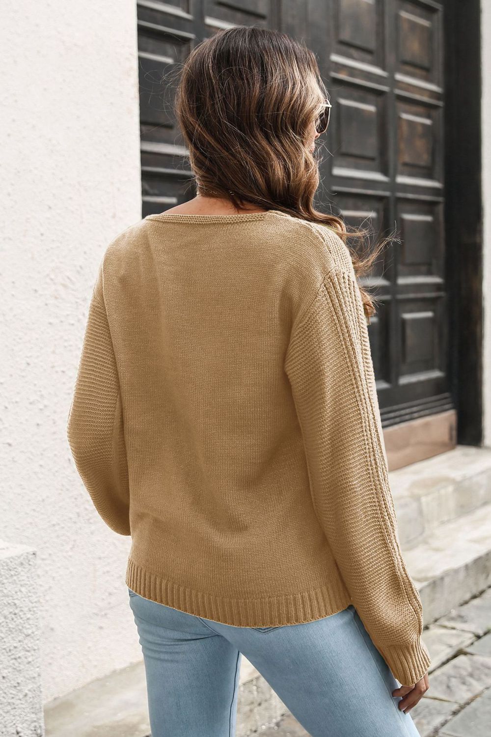 Ribbed Scoop Neck Long Sleeve Pullover Sweater  - Doll Fits