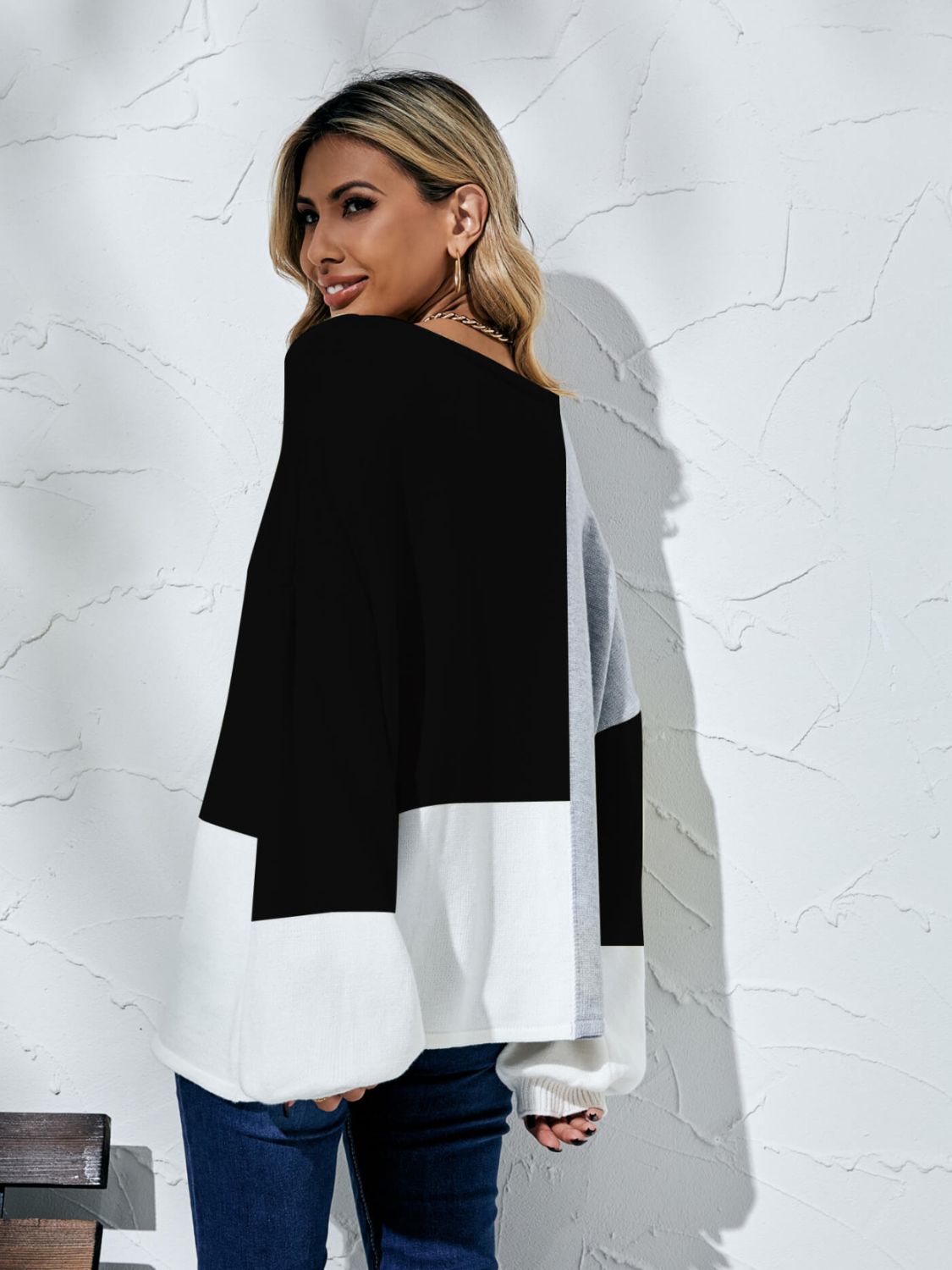 Color Block Balloon Sleeve Boat Neck Sweater  Shirts & Tops- Doll Fits