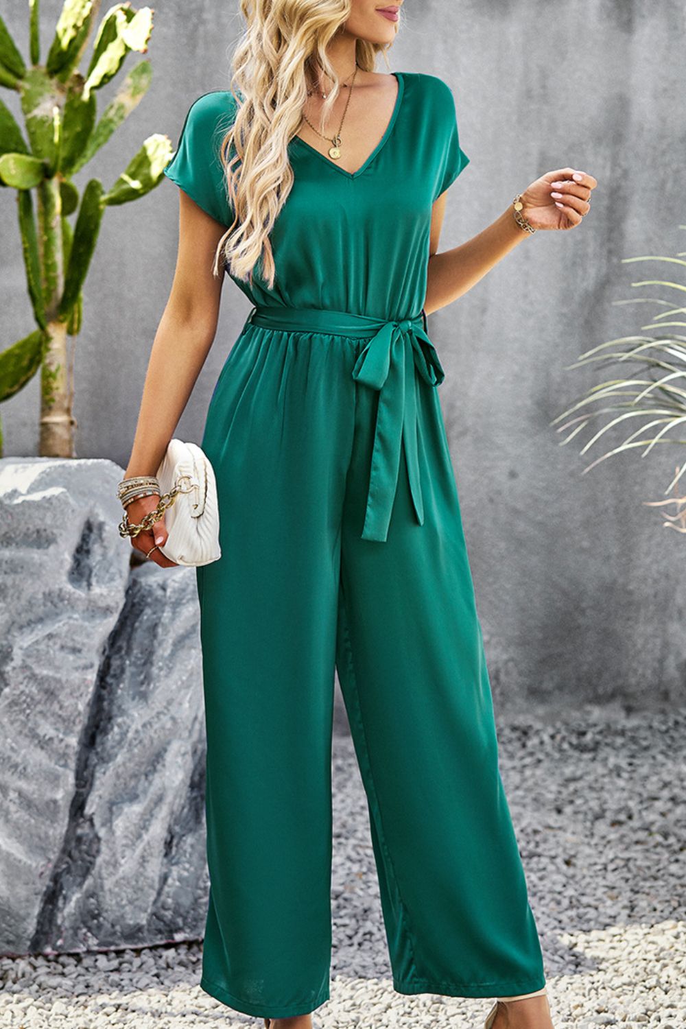 Tie Belt V-Neck Short Sleeve Jumpsuit  Jumpsuits & Rompers- Doll Fits