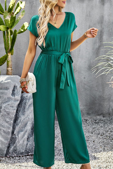 Tie Belt V-Neck Short Sleeve Jumpsuit  Jumpsuits & Rompers- Doll Fits