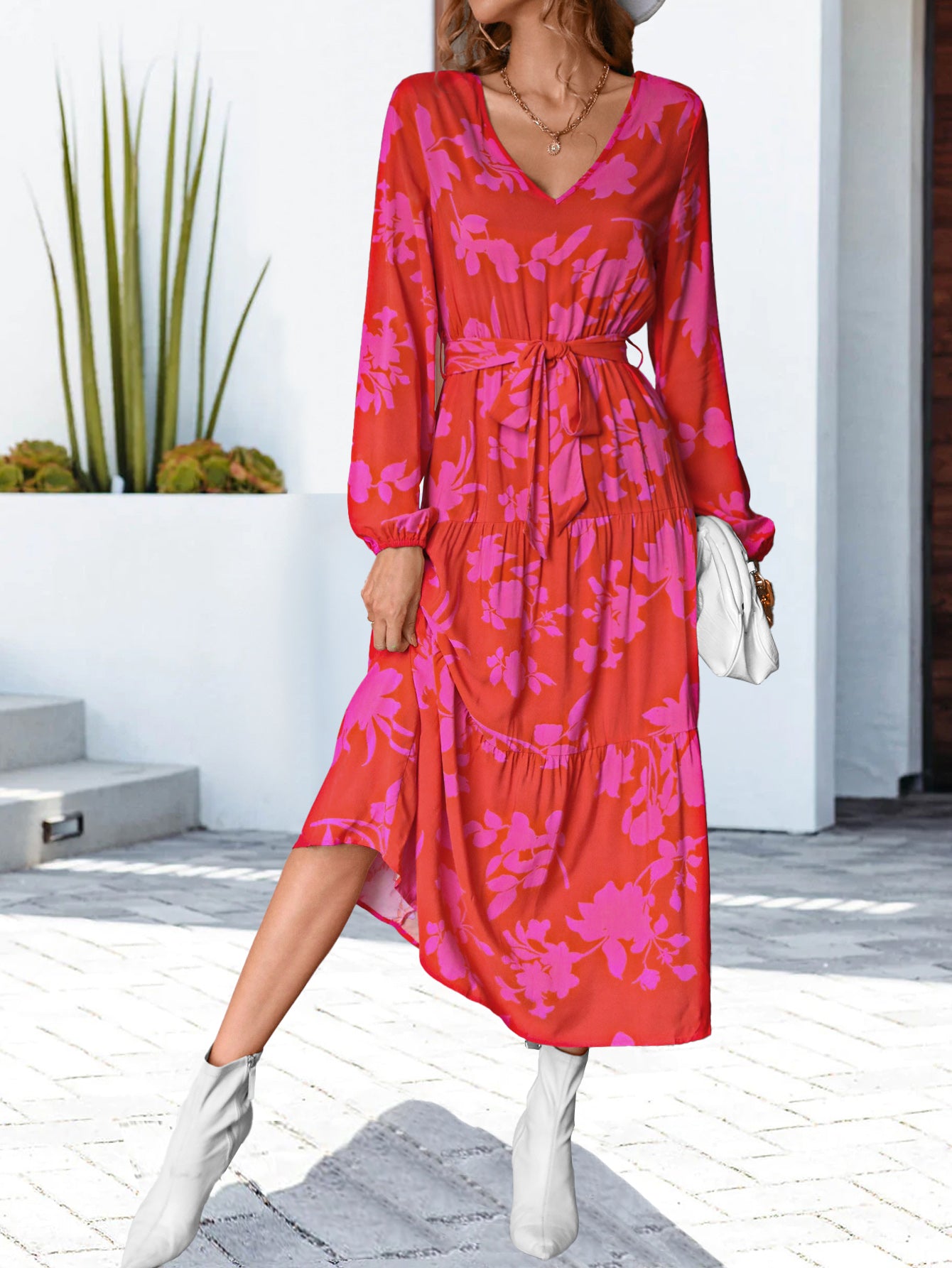 Floral V-Neck Long Sleeve Dress  Dresses- Doll Fits