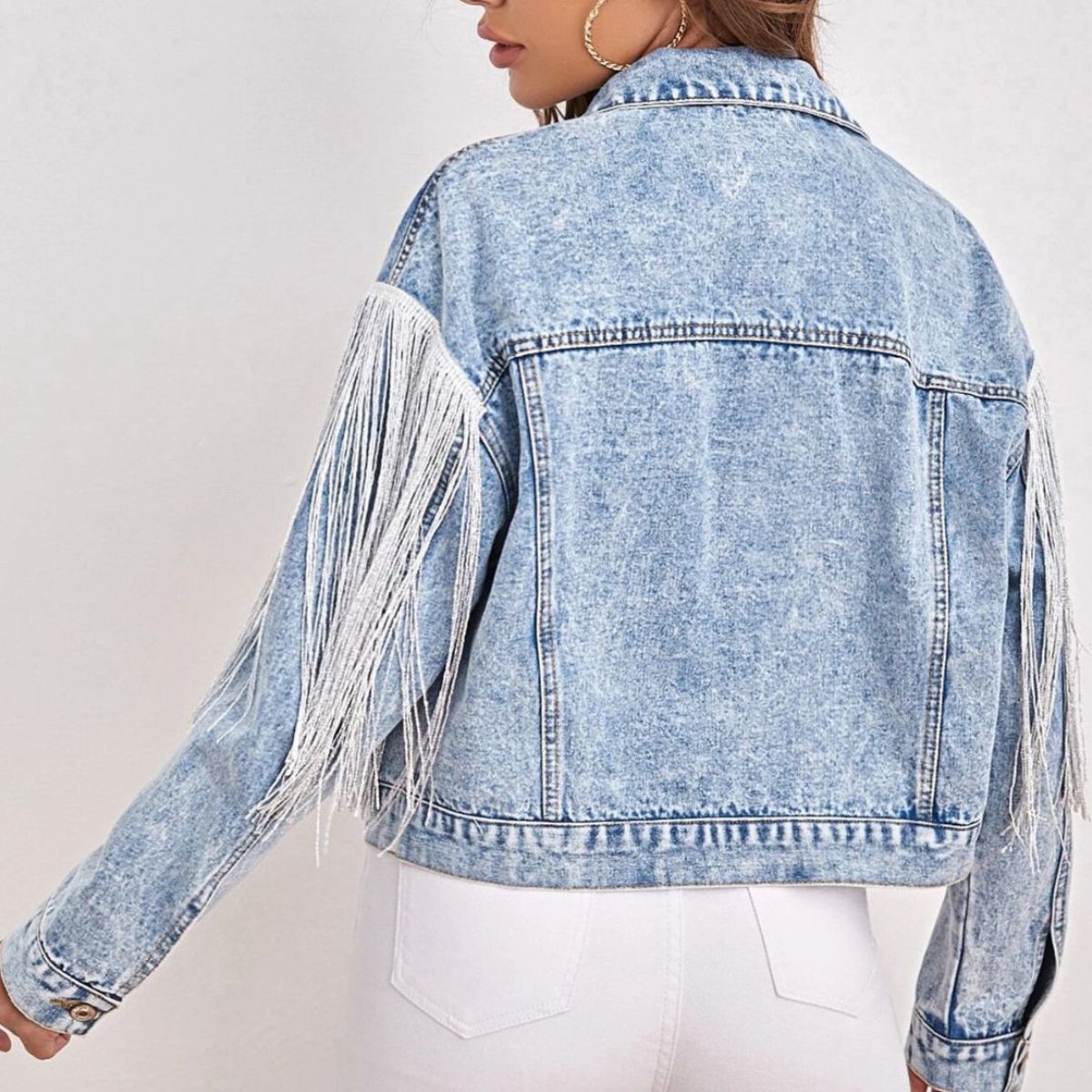 Fringe Detail Collared Neck Long Sleeve Denim Jacket  - Doll Fits