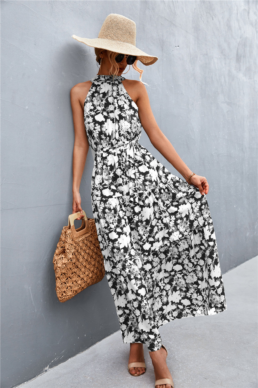 Printed Sleeveless Tie Waist Maxi Dress  Dresses- Doll Fits