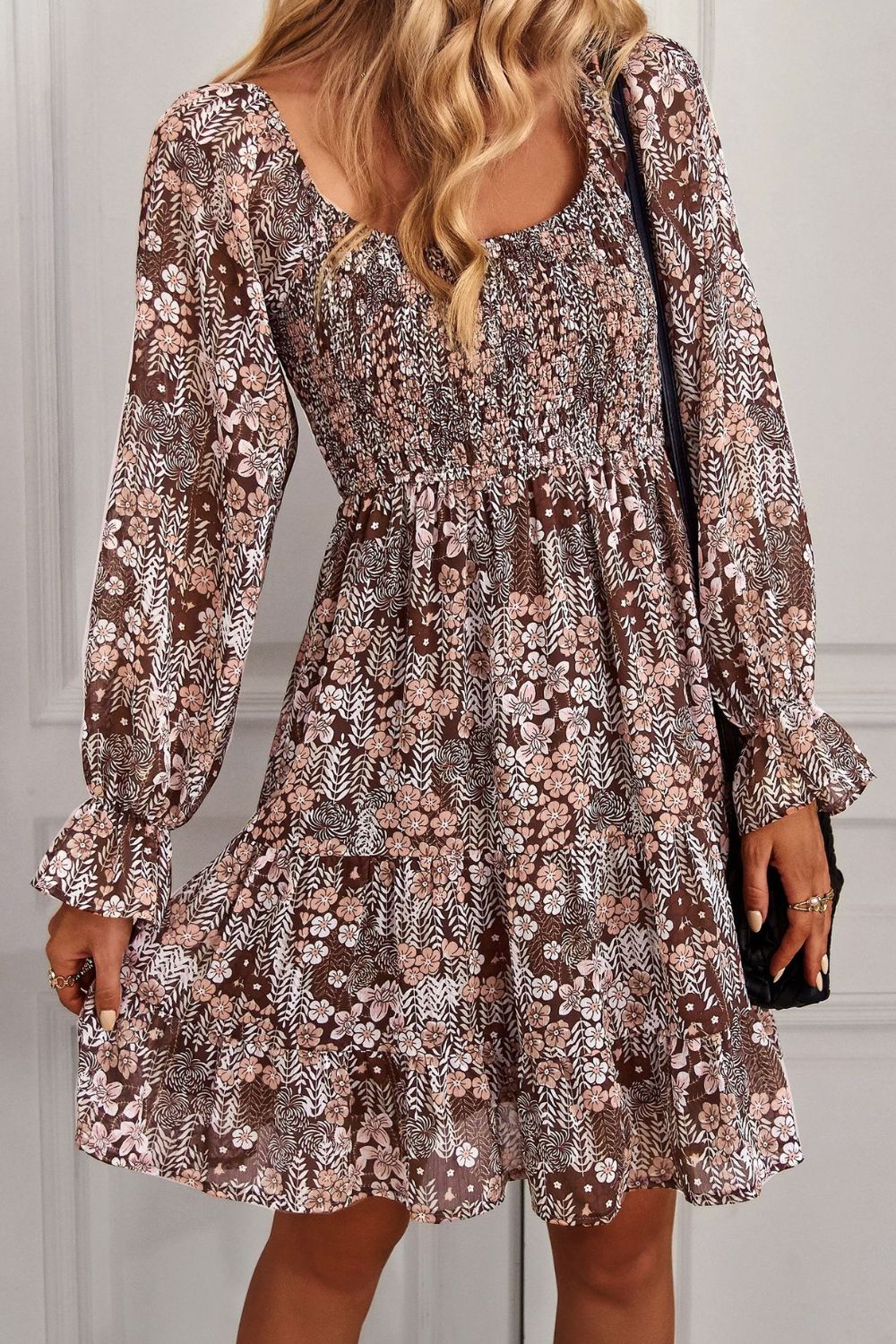 Floral Long Flounce Sleeve Square Neck Dress  Dresses- Doll Fits