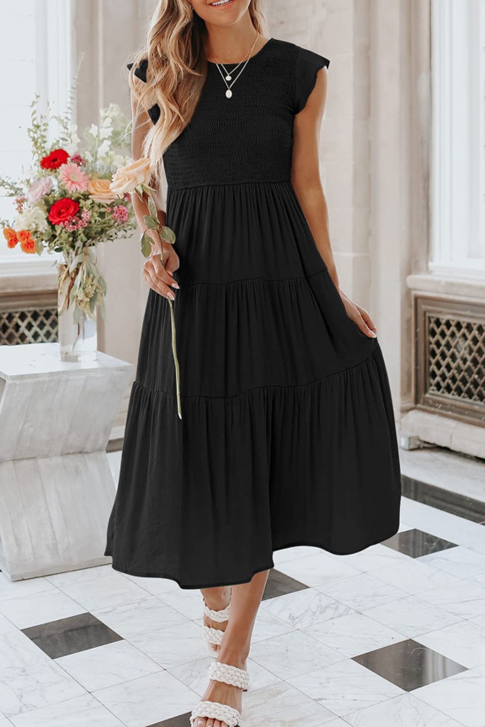Round Neck Short Sleeve Tiered Midi Dress  Dresses- Doll Fits