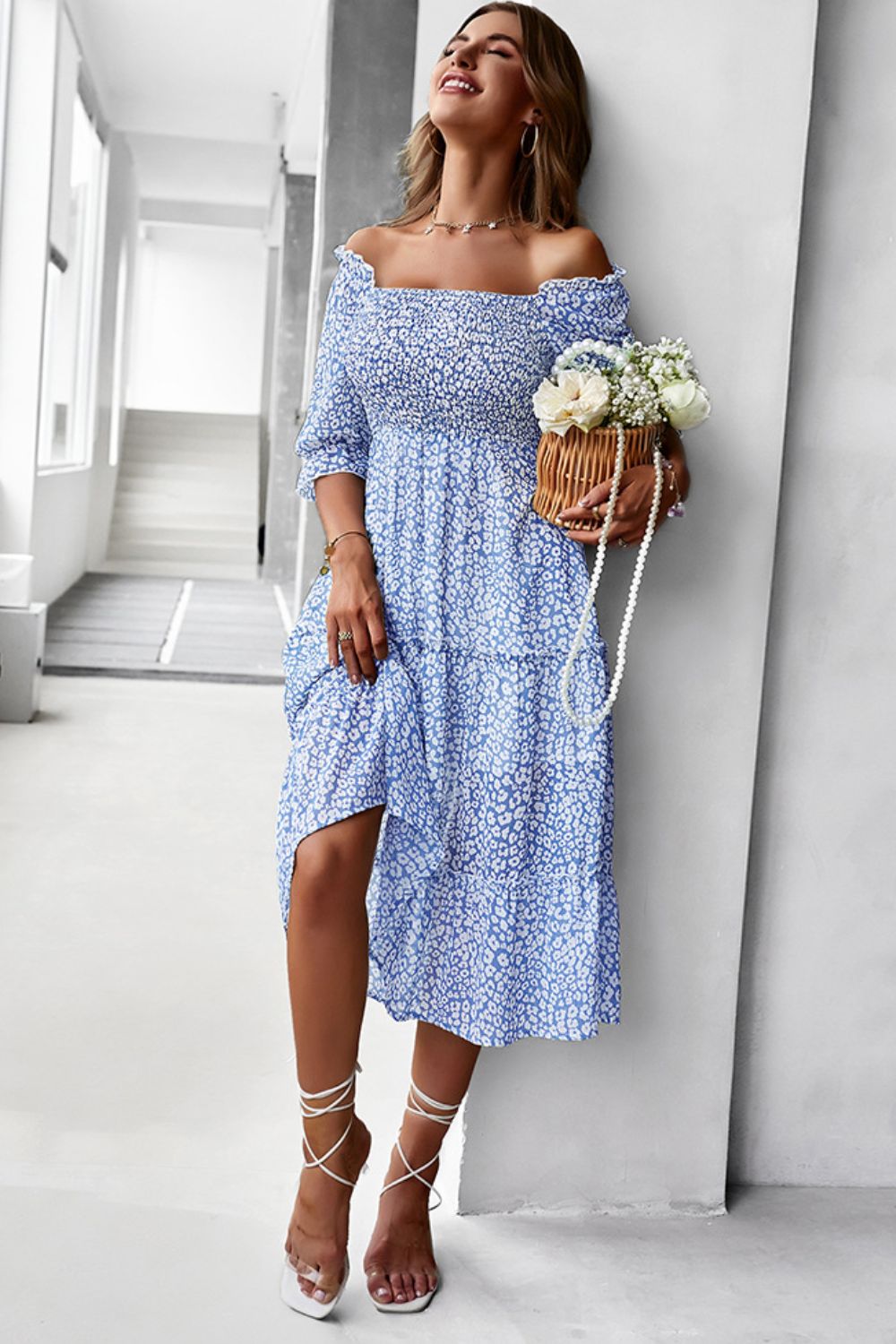 Ditsy Floral Off-Shoulder Smocked Midi Dress  Dresses- Doll Fits