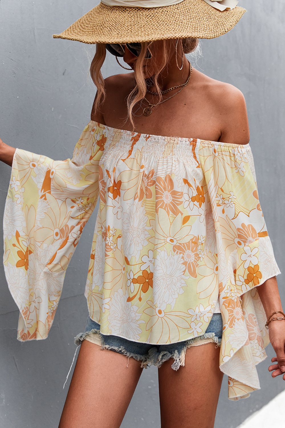 Floral Bell Sleeve Off-Shoulder Blouse  Shirts & Tops- Doll Fits
