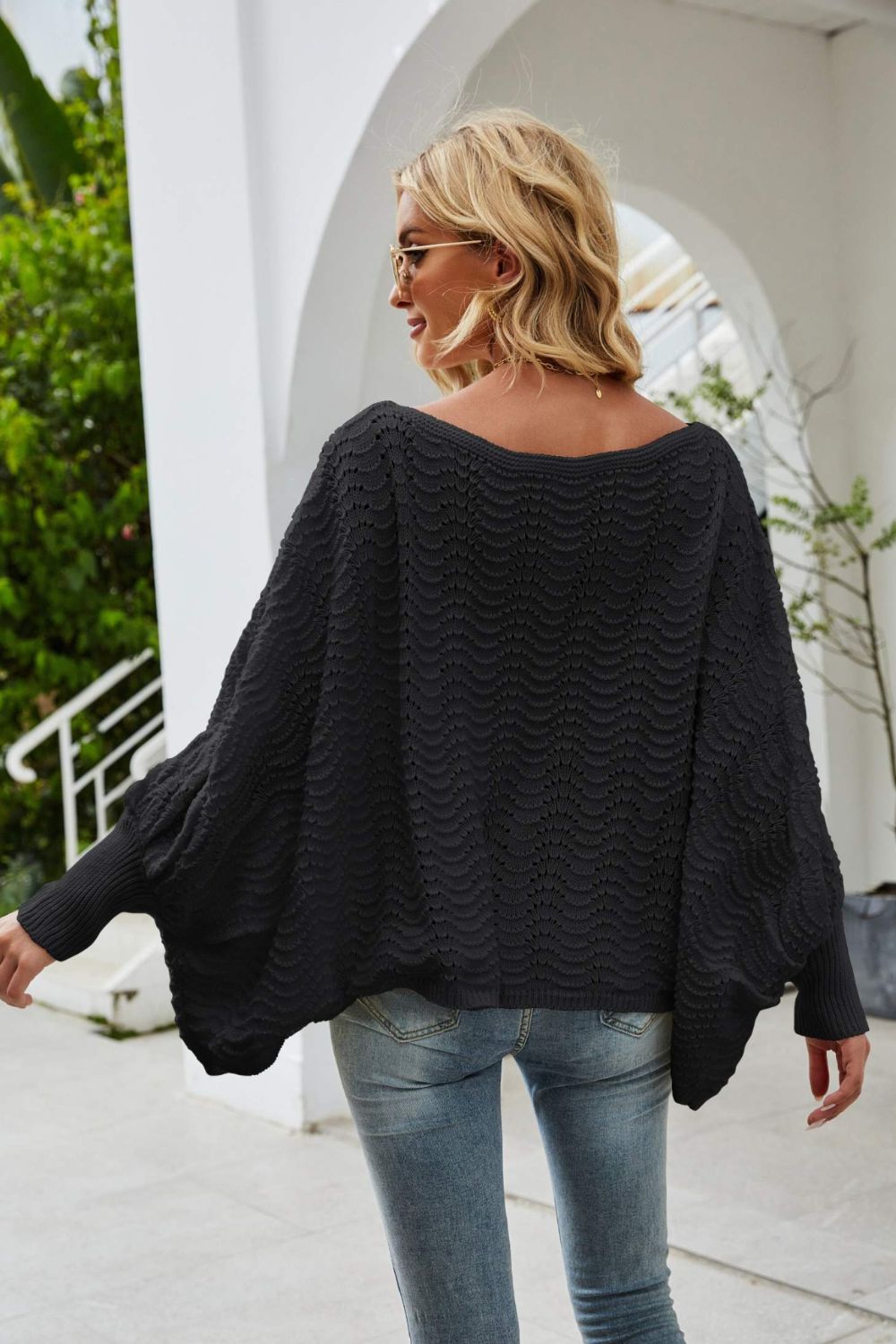 Openwork Boat Neck Dolman Sleeve Sweater  Shirts & Tops- Doll Fits