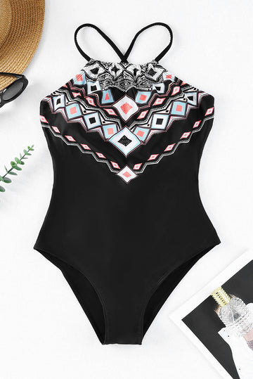 Geometric Print Tie Back One-Piece Swimsuit  Swimwear- Doll Fits
