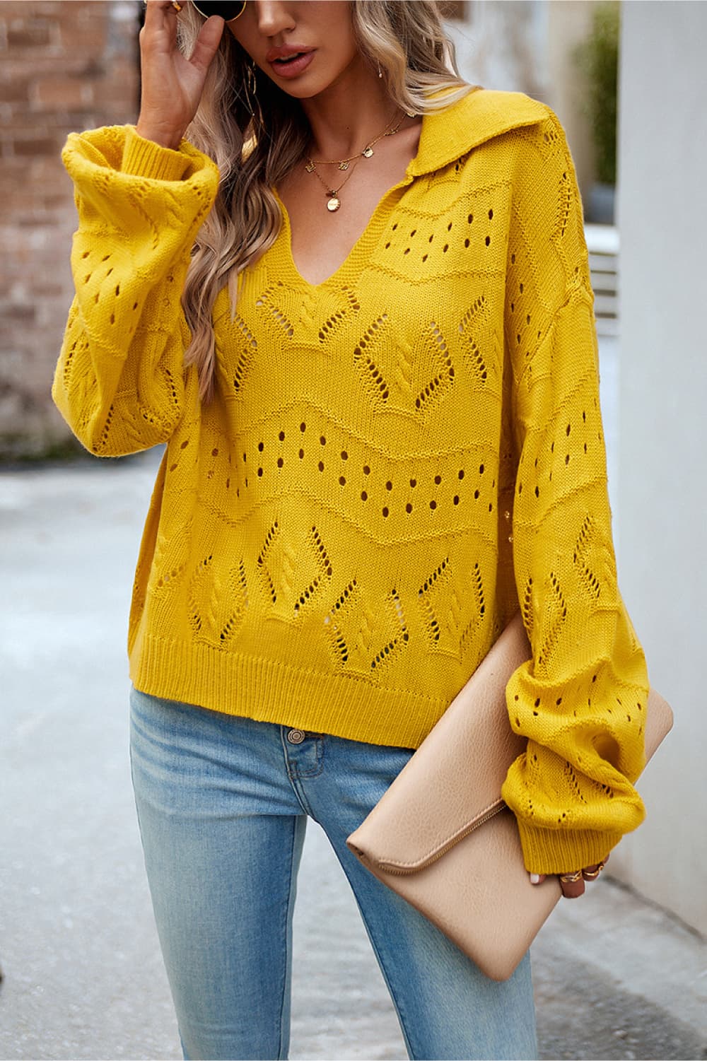 Openwork Long Sleeve Notched Neck Sweater  - Doll Fits
