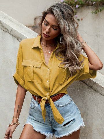 Cropped Tie Front Short Sleeve Shirt  - Doll Fits