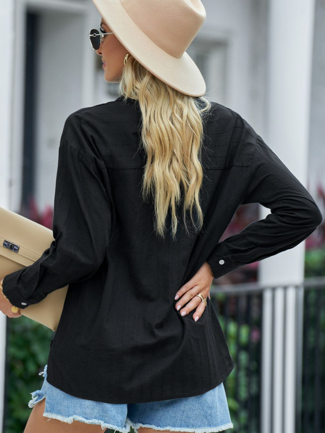 Textured Side Slit Long Sleeve Shirt  Shirts & Tops- Doll Fits