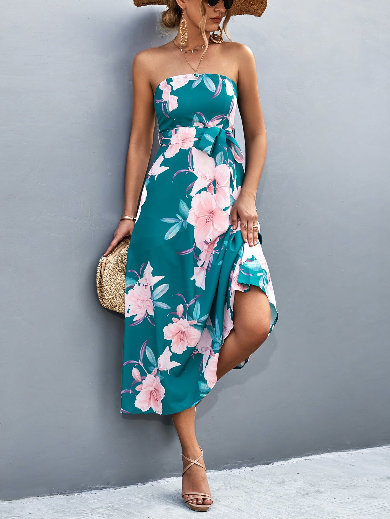 Floral Print Tie Waist Straight Neck Midi Dress  Dresses- Doll Fits