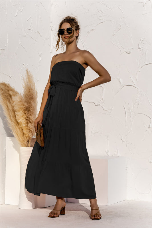 Strapless Tie Waist Tiered Maxi Dress  Dresses- Doll Fits