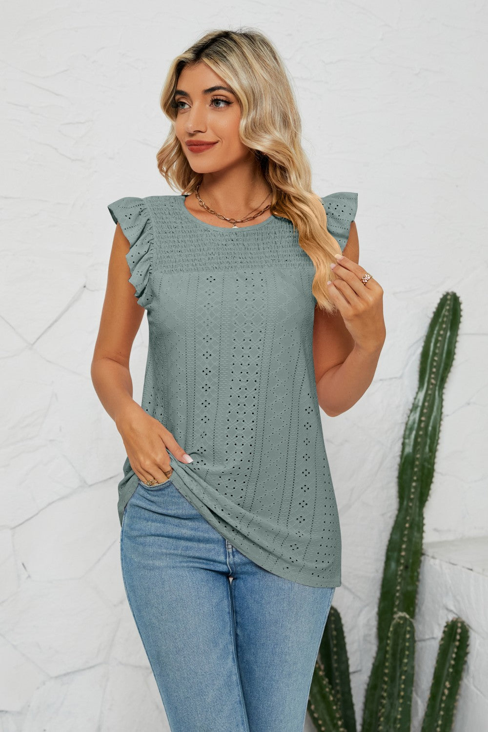 Smocked Round Neck Eyelet Top  Shirts & Tops- Doll Fits