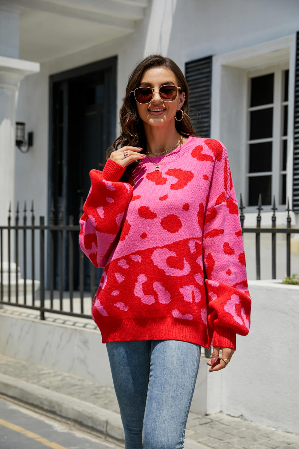 Leopard Ribbed Trim Dropped Shoulder Sweater  Shirts & Tops- Doll Fits