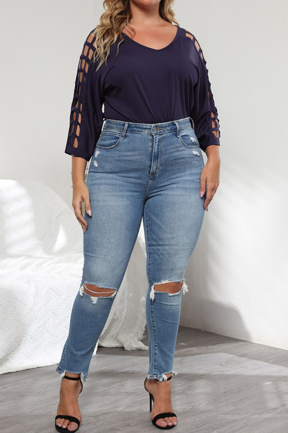 Plus Size Cutout Three-Quarter Sleeve Blouse  Shirts & Tops- Doll Fits