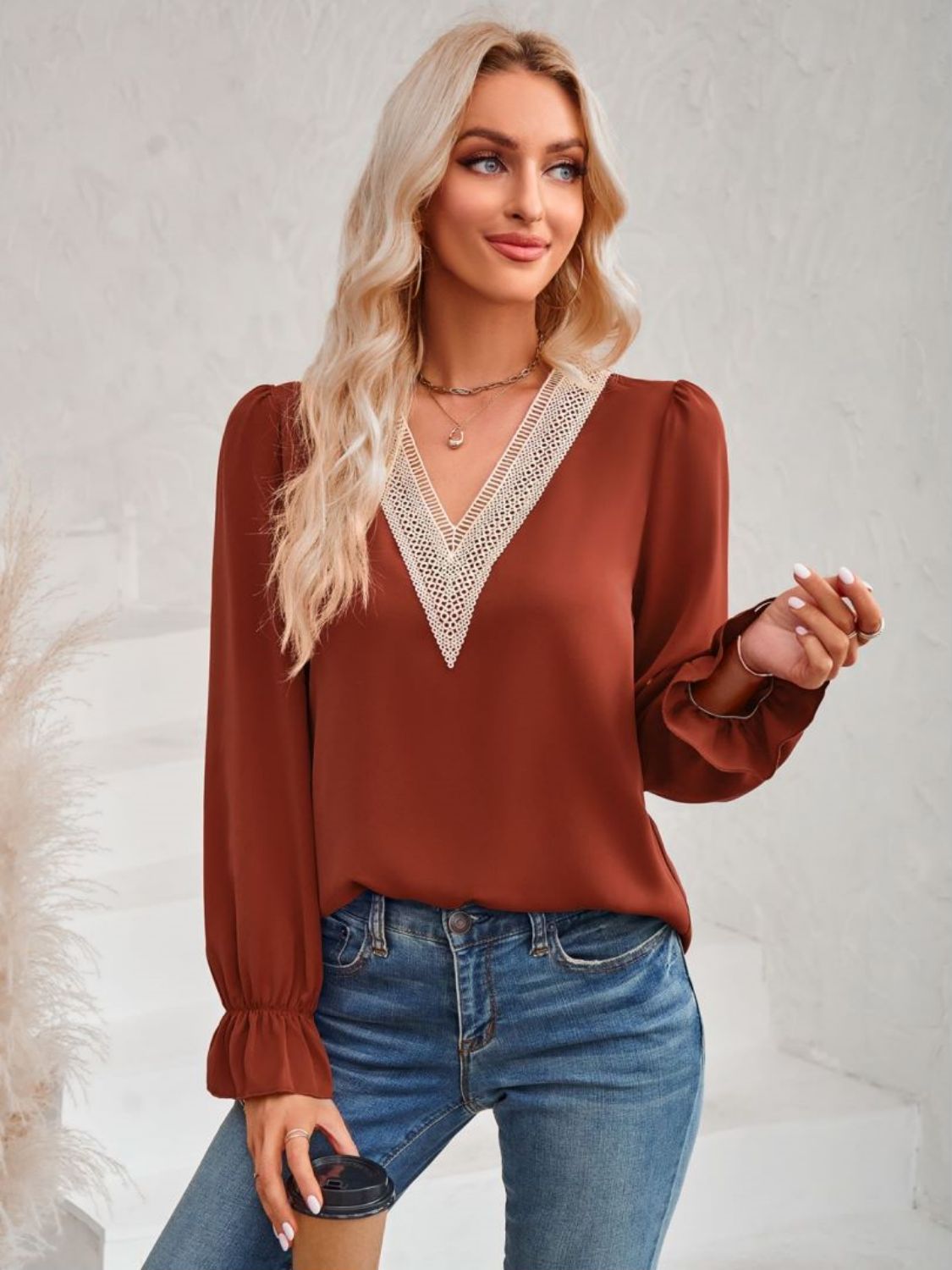 Contrast Trim Flounce Sleeve V-Neck Blouse  Shirts & Tops- Doll Fits