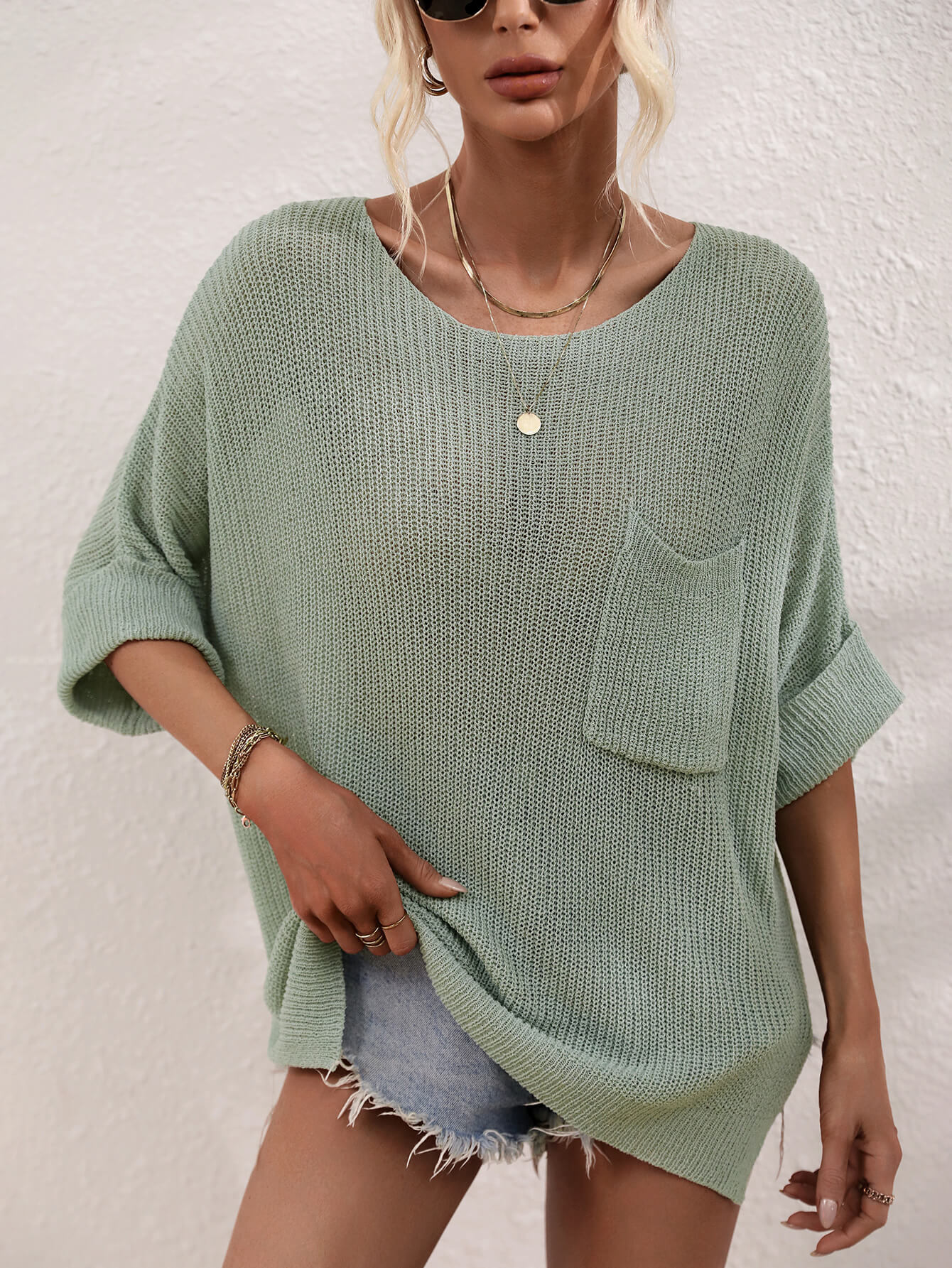 Boat Neck Cuffed Sleeve Slit Tunic Knit Top  Shirts & Tops- Doll Fits