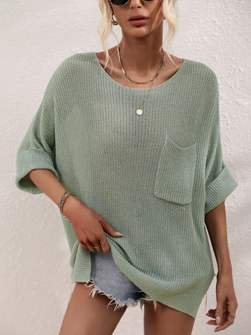 Boat Neck Cuffed Sleeve Slit Tunic Knit Top  Shirts & Tops- Doll Fits
