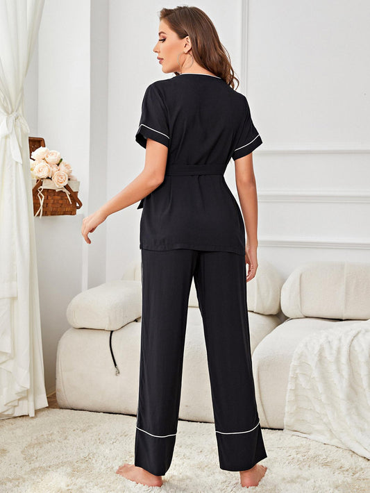 Contrast Piping Belted Top and Pants Pajama Set  Sleepwear & Loungewear- Doll Fits