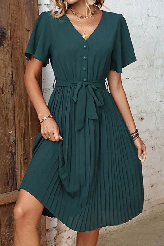 Buttoned V-Neck Flutter Sleeve Pleated Dress  Dresses- Doll Fits