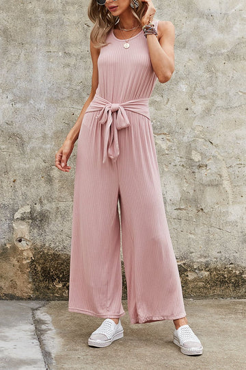 Ribbed Scoop Neck Tie Waist Sleeveless Jumpsuit  Jumpsuits & Rompers- Doll Fits