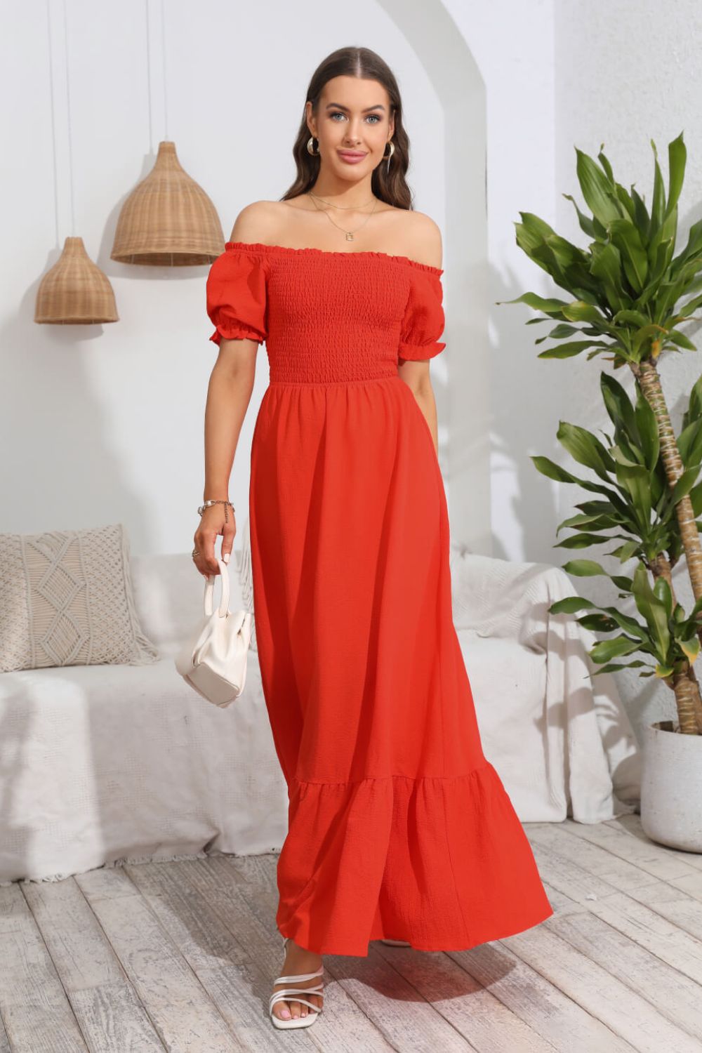 Smocked Off-Shoulder Maxi Dress  Dresses- Doll Fits