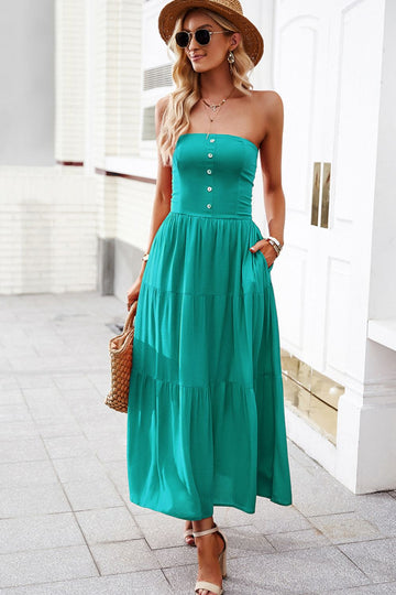 Strapless Buttoned Tiered Dress with Pockets  Dresses- Doll Fits