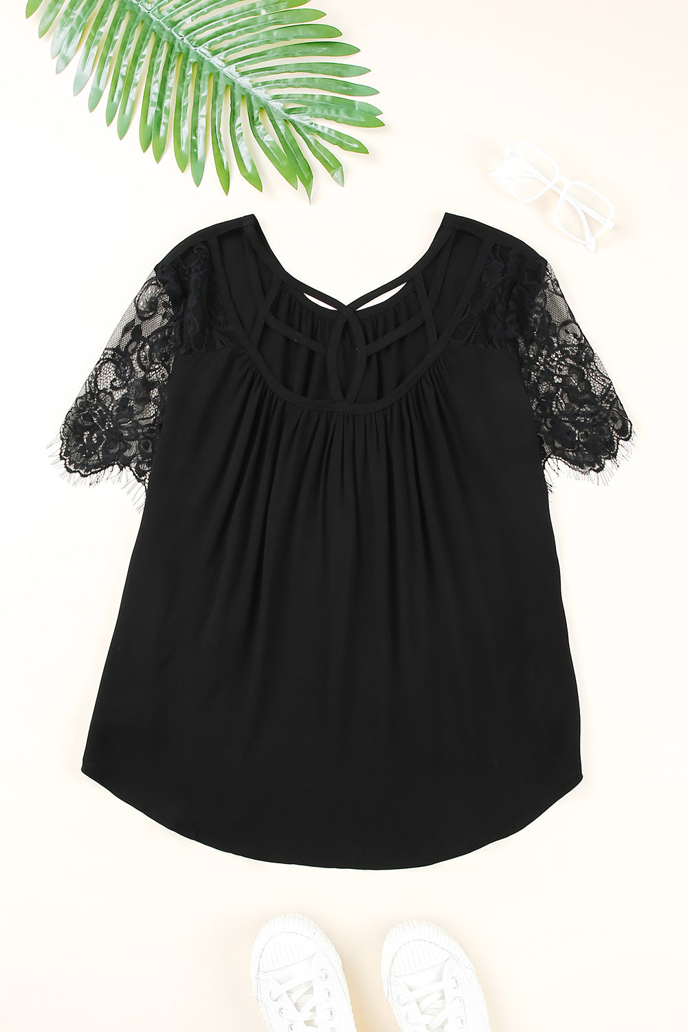Strappy Neck Spliced Lace Eyelash Trim Blouse  Shirts & Tops- Doll Fits
