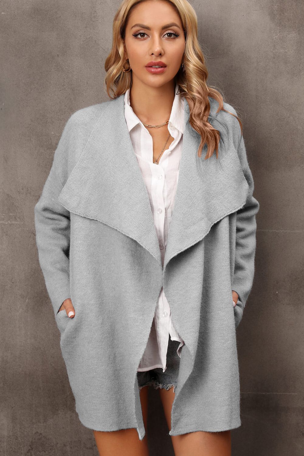 Waterfall Collar Longline Cardigan with Side Pockets  Coats & Jackets- Doll Fits