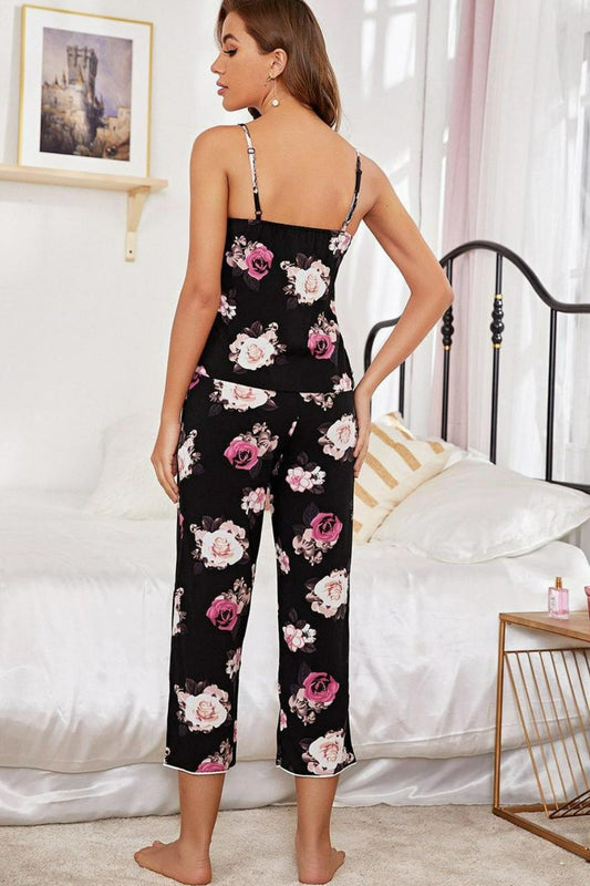 Floral V-Neck Cami and Cropped Pants Lounge Set  Sleepwear & Loungewear- Doll Fits
