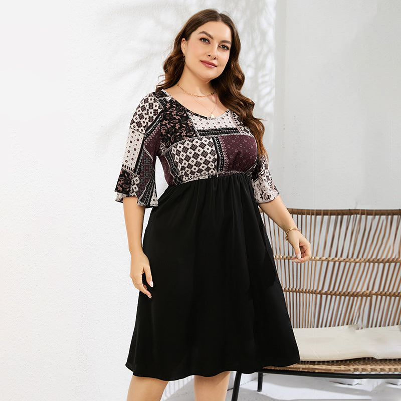 Plus Size Printed Two-Tone Flutter Sleeve Dress  Dresses- Doll Fits