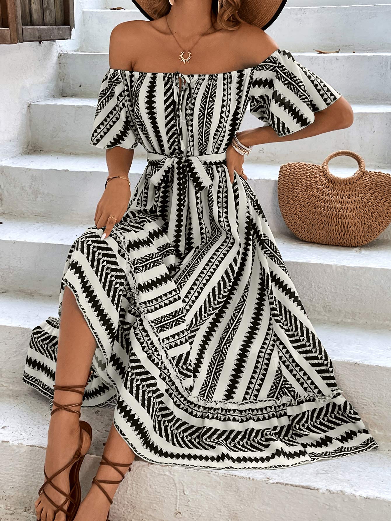 Printed Off-Shoulder Tie Belt Midi Dress  Dresses- Doll Fits