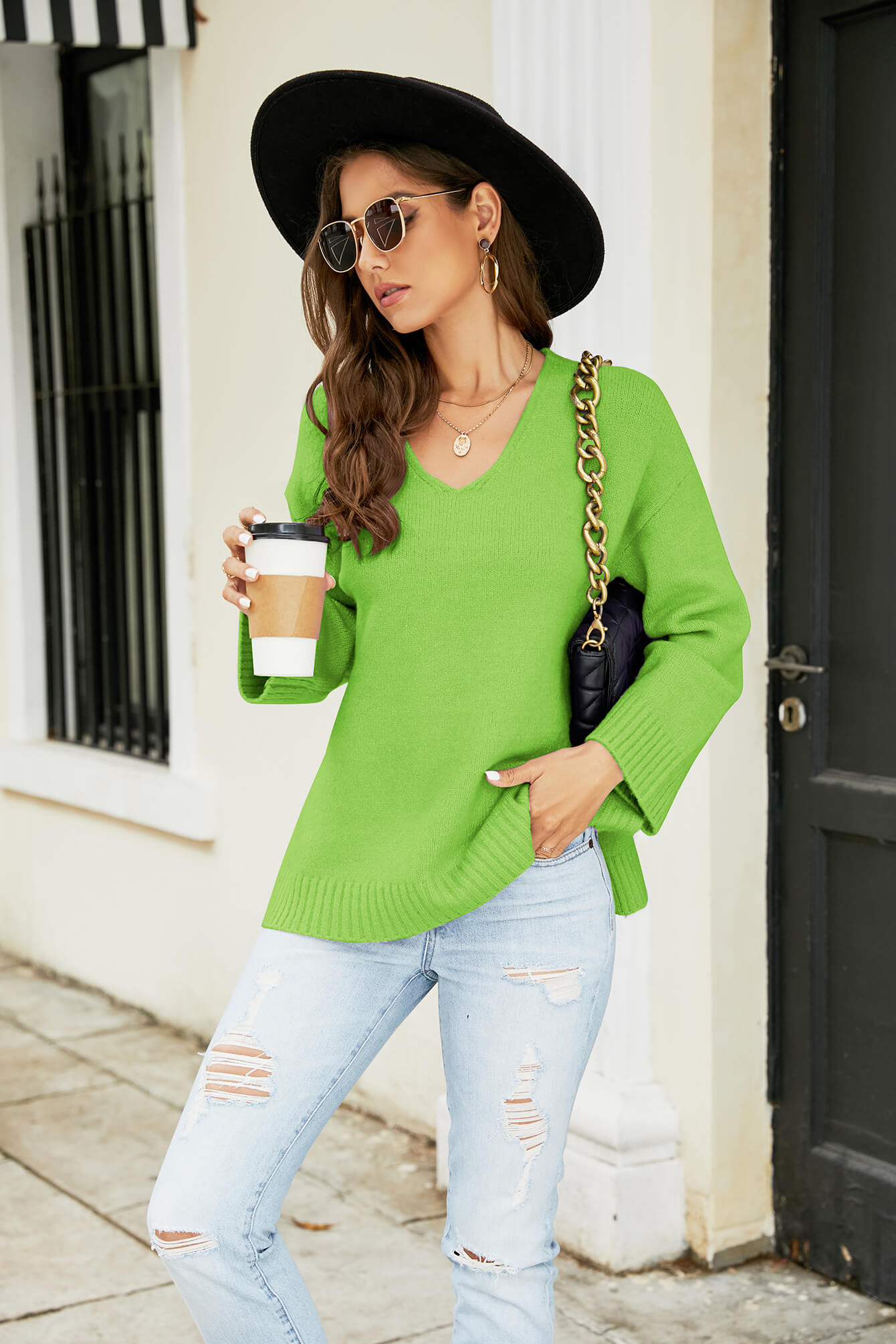 Drop Shoulder V-Neck Knit Pullover  Shirts & Tops- Doll Fits