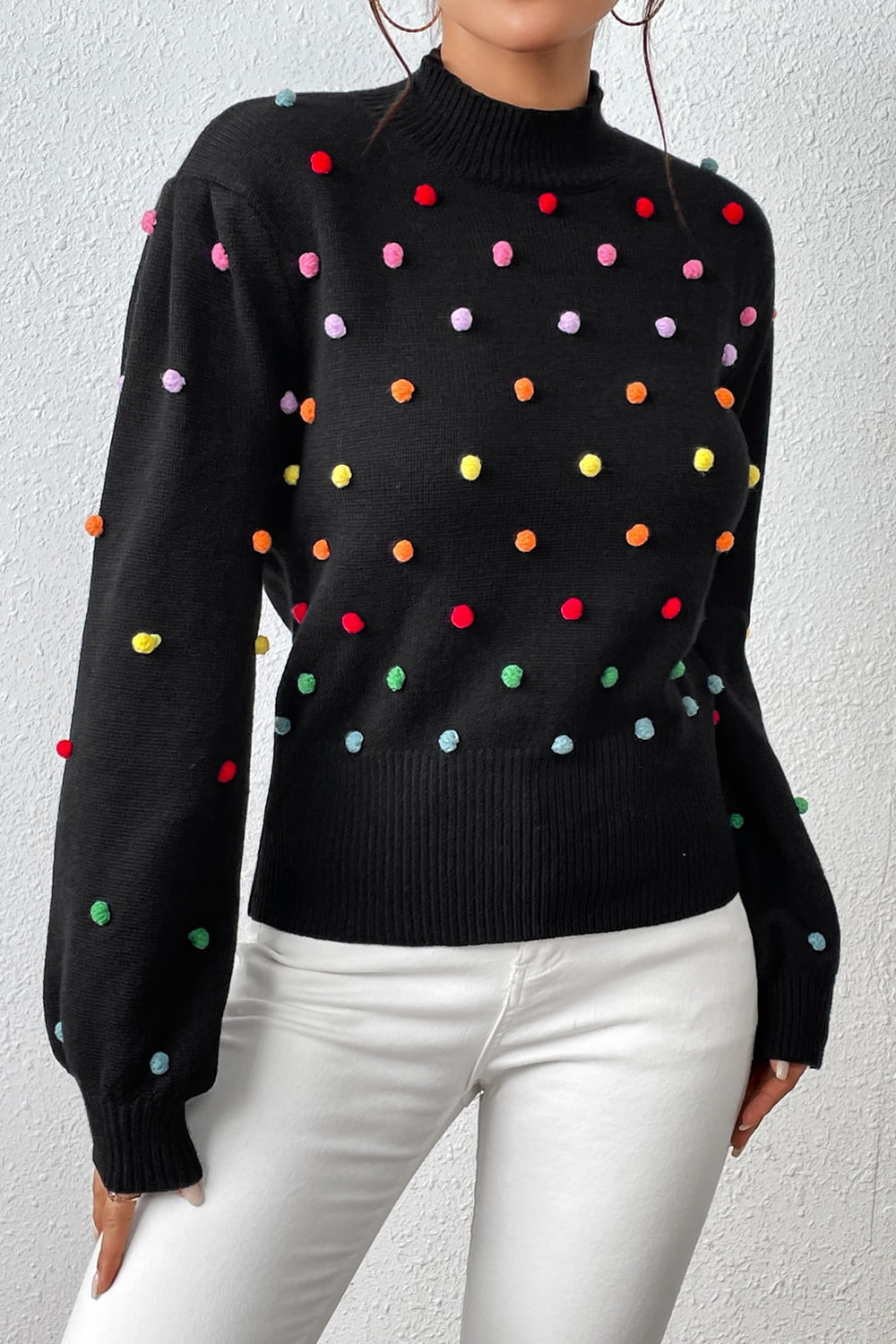 Pom-Pom Trim Mock Neck Long Sleeve Pullover Sweater  - Doll Fits