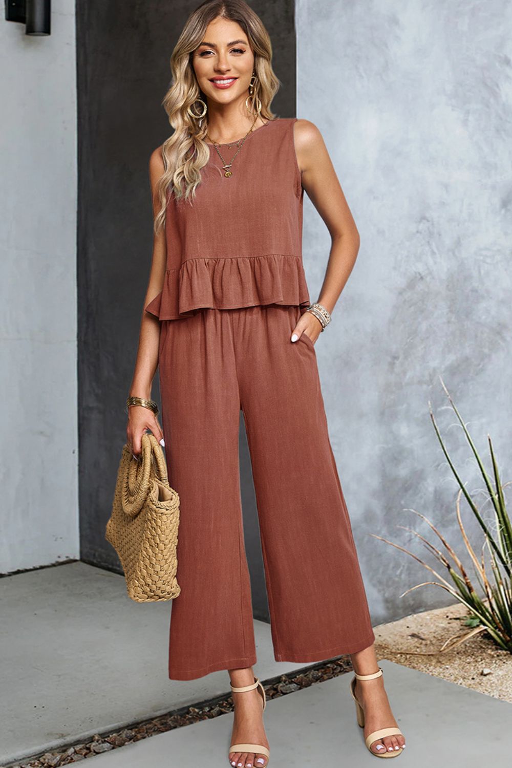 Decorative Button Ruffle Hem Tank and Pants Set  Outfit Sets- Doll Fits