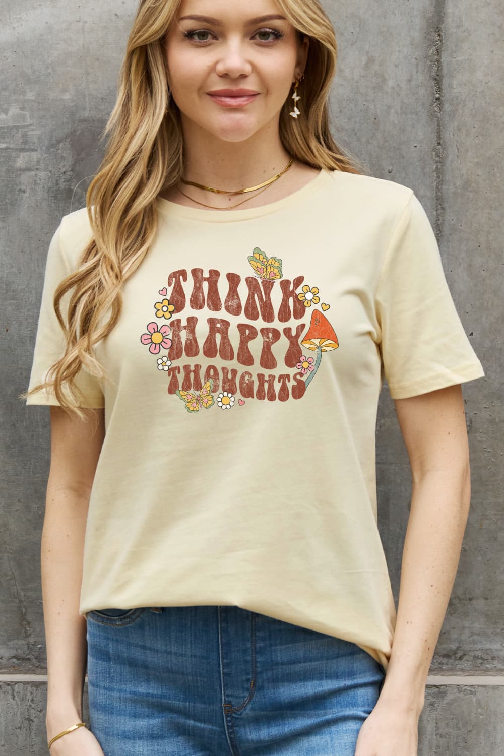 Simply Love Full Size THINK HAPPY THOUGHTS Graphic Cotton Tee  - Doll Fits
