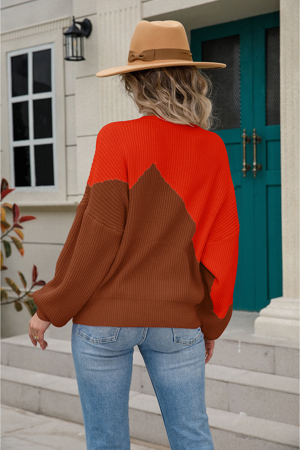 Two-Tone Round Neck Ribbed Sweater  Shirts & Tops- Doll Fits