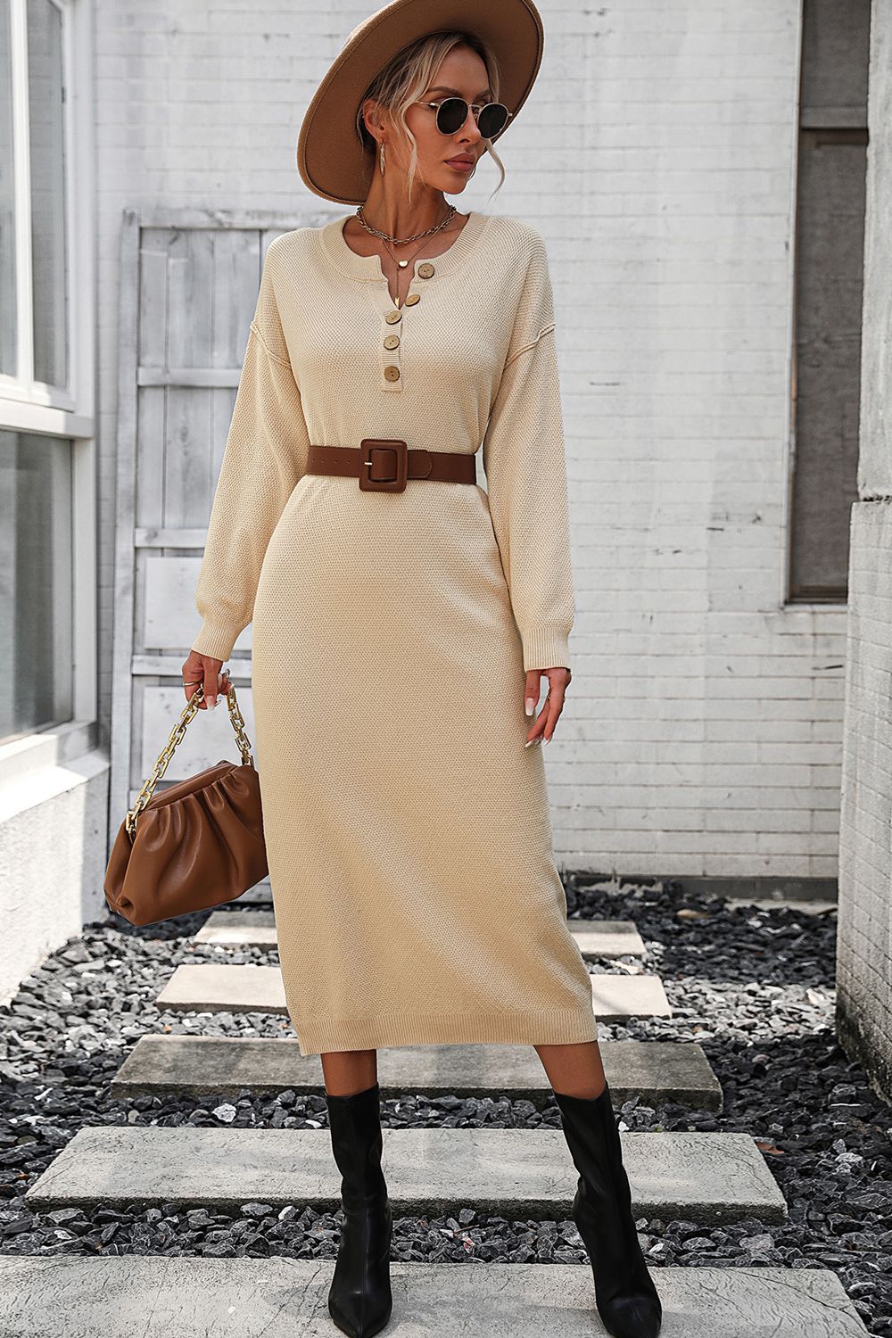 Notched Neck Dropped Shoulder Button-Down Midi Dress  Dresses- Doll Fits