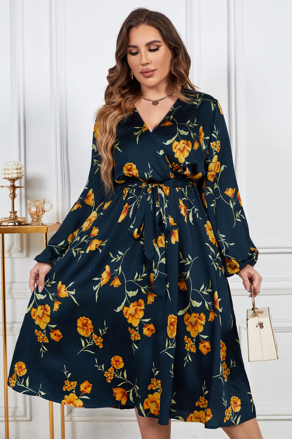 Melo Apparel Plus Size Floral Print Surplice Neck Midi Dress  Dresses- Doll Fits