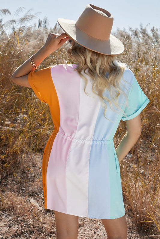 Multicolored Drawstring Waist V-Neck Dress  Dresses- Doll Fits