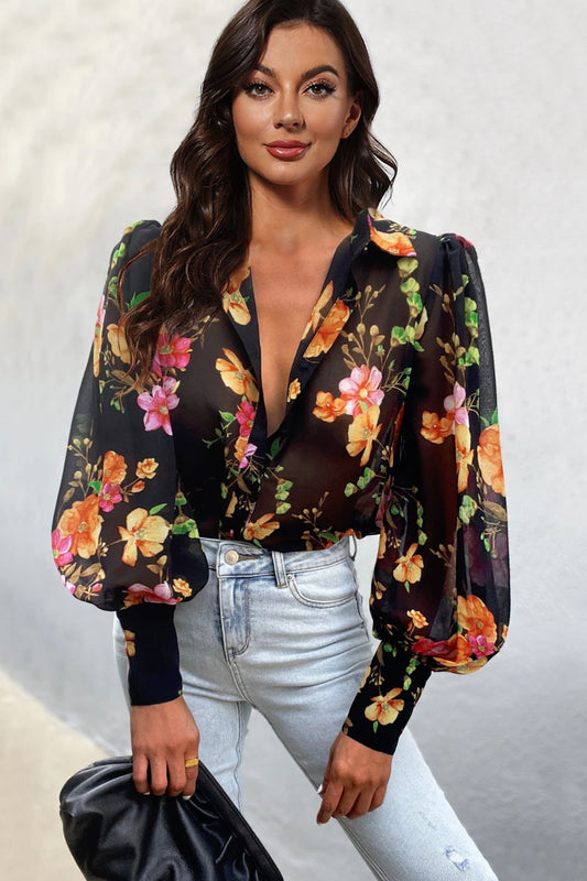 Double Take Flower Print Collared Neck Lantern Sleeve Shirt  - Doll Fits
