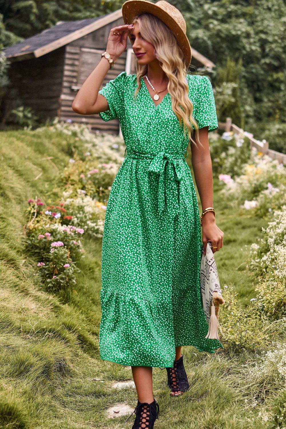 Printed Tie-Waist Short Puff Sleeve Surplice Dress  Dresses- Doll Fits